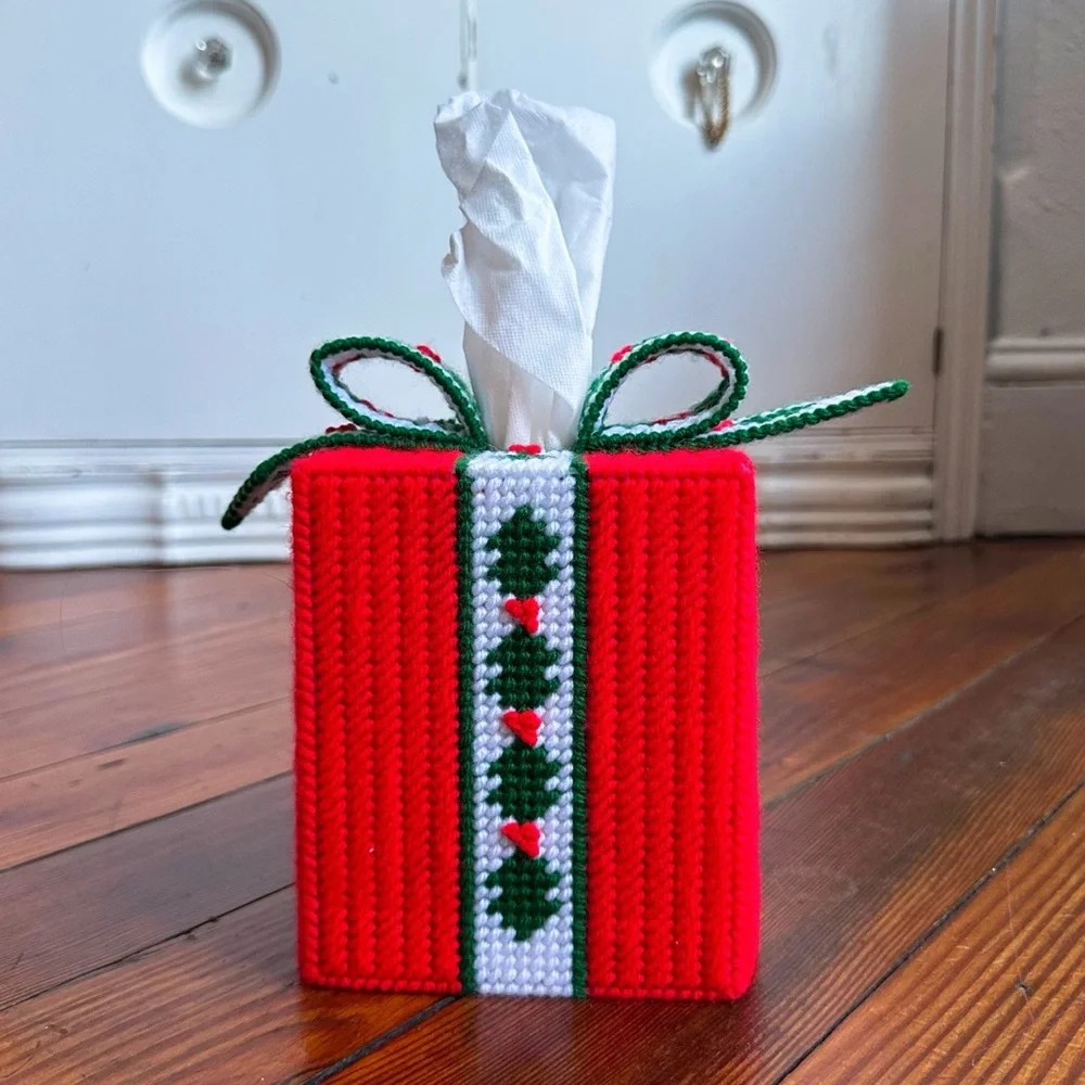 Vintage 70s plastic canvas cross-stitc Christmas tissue box cover